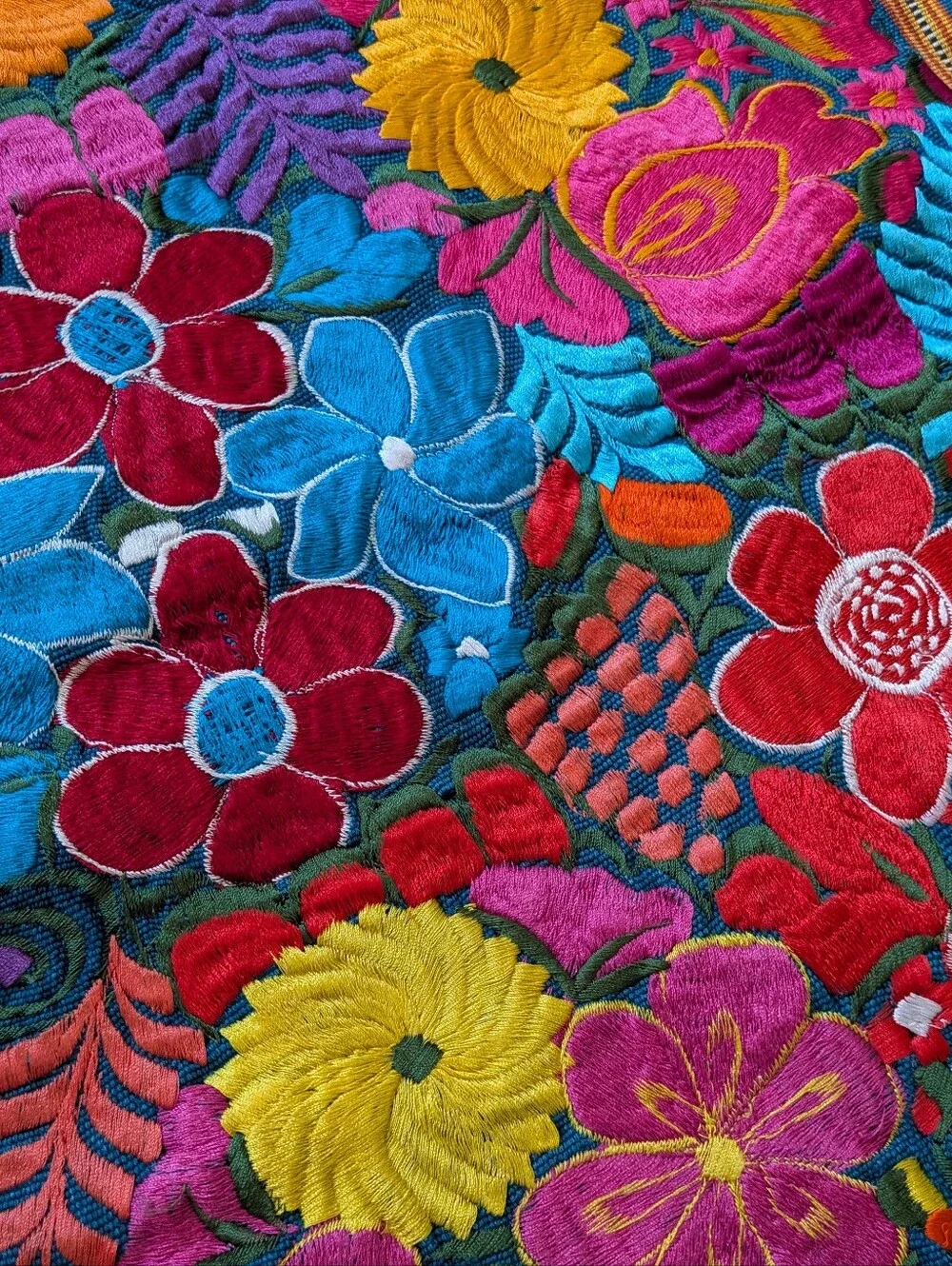 Guatamalen Huipil Floral Embroidered Table Runner Colorful Eclectic Decor Boho